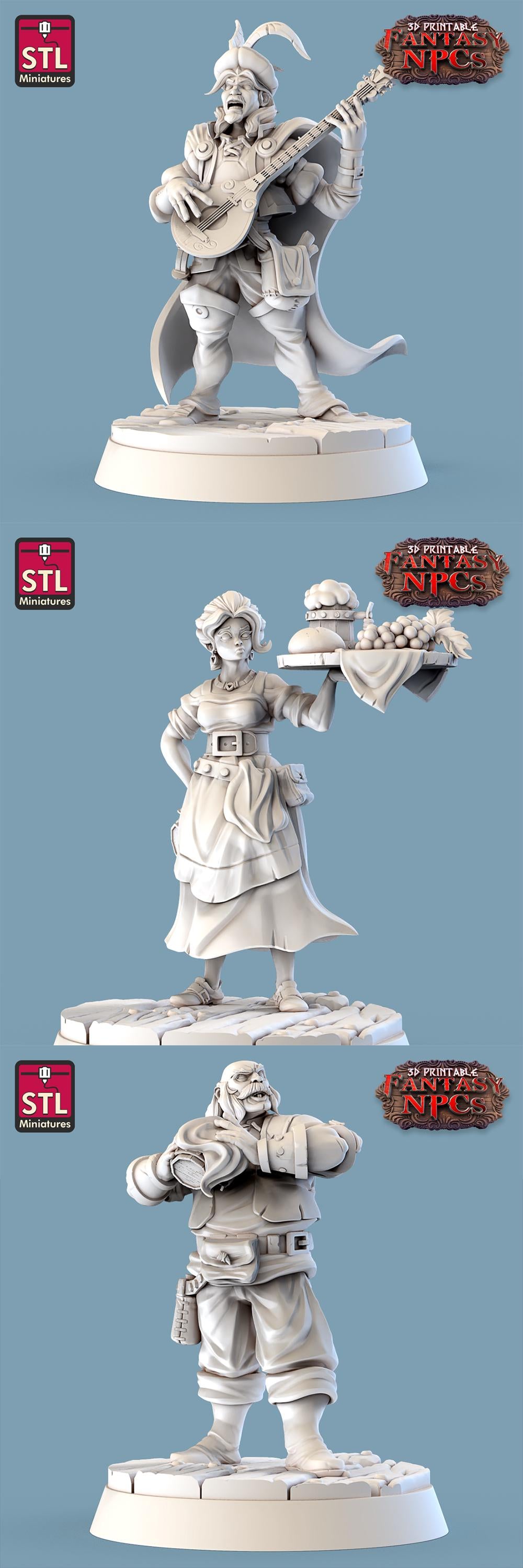 Inn and Tavern NPC Set | Tabletop Scale | D&D TTRPG Miniature | STL Miniatures