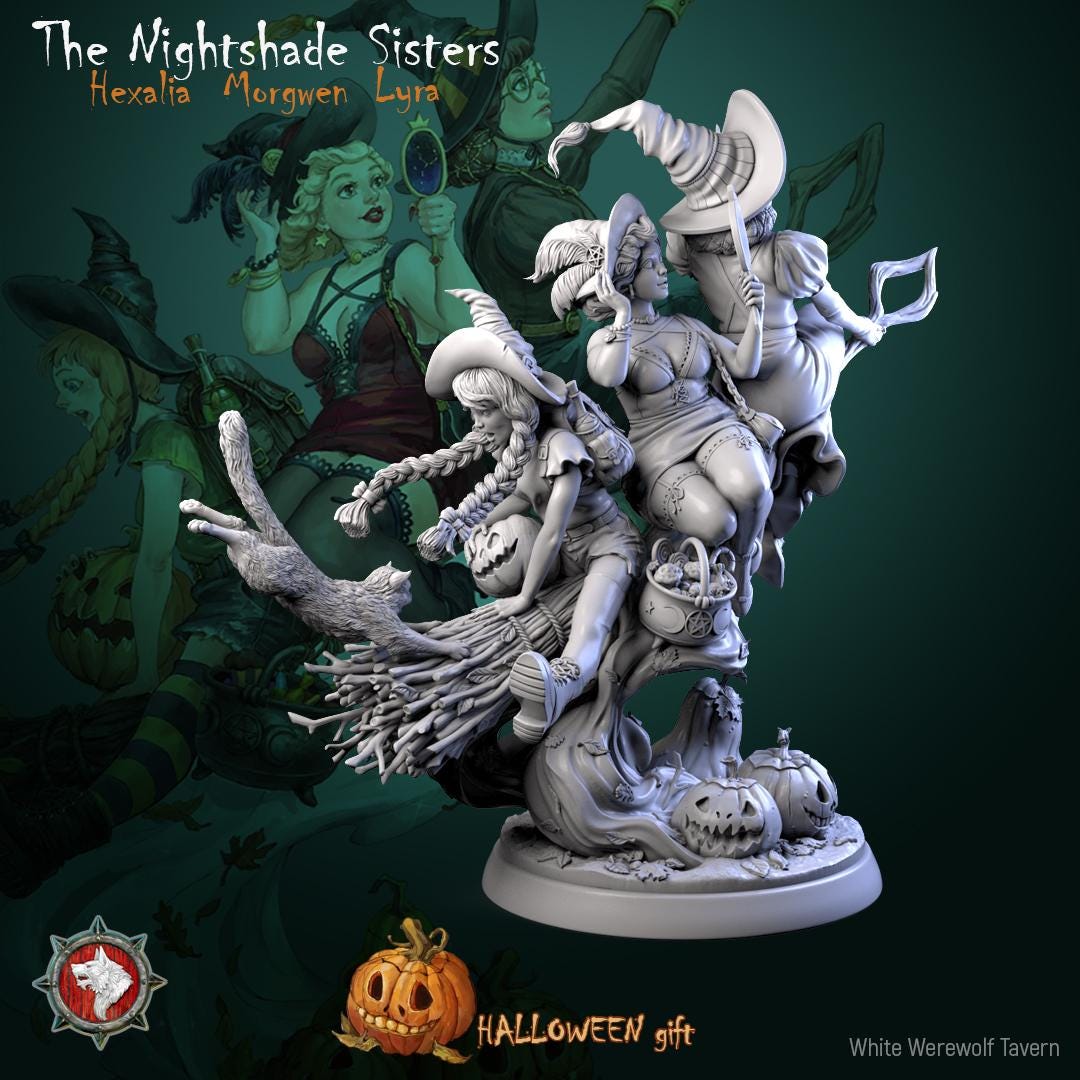 The Nightshade Sisters, Hexalia, Lyra, and Morgwen | Gaming or Display Miniature | White Werewolf Tavern