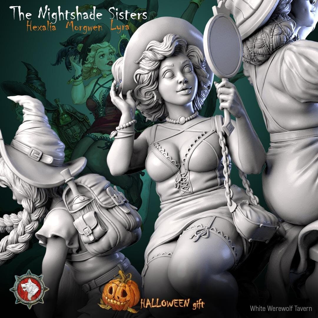The Nightshade Sisters, Hexalia, Lyra, and Morgwen | Gaming or Display Miniature | White Werewolf Tavern