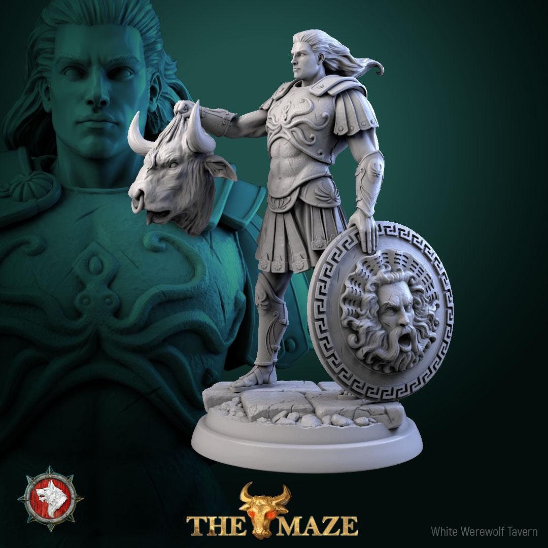 Theseus & the Minotaur | TABLETOP SCALE | TTRPG Miniature | White Werewolf Tavern | Unpainted, Unplated Resin 8k