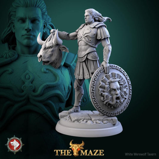 Theseus & the Minotaur | TABLETOP SCALE | TTRPG Miniature | White Werewolf Tavern | Unpainted, Unplated Resin 8k