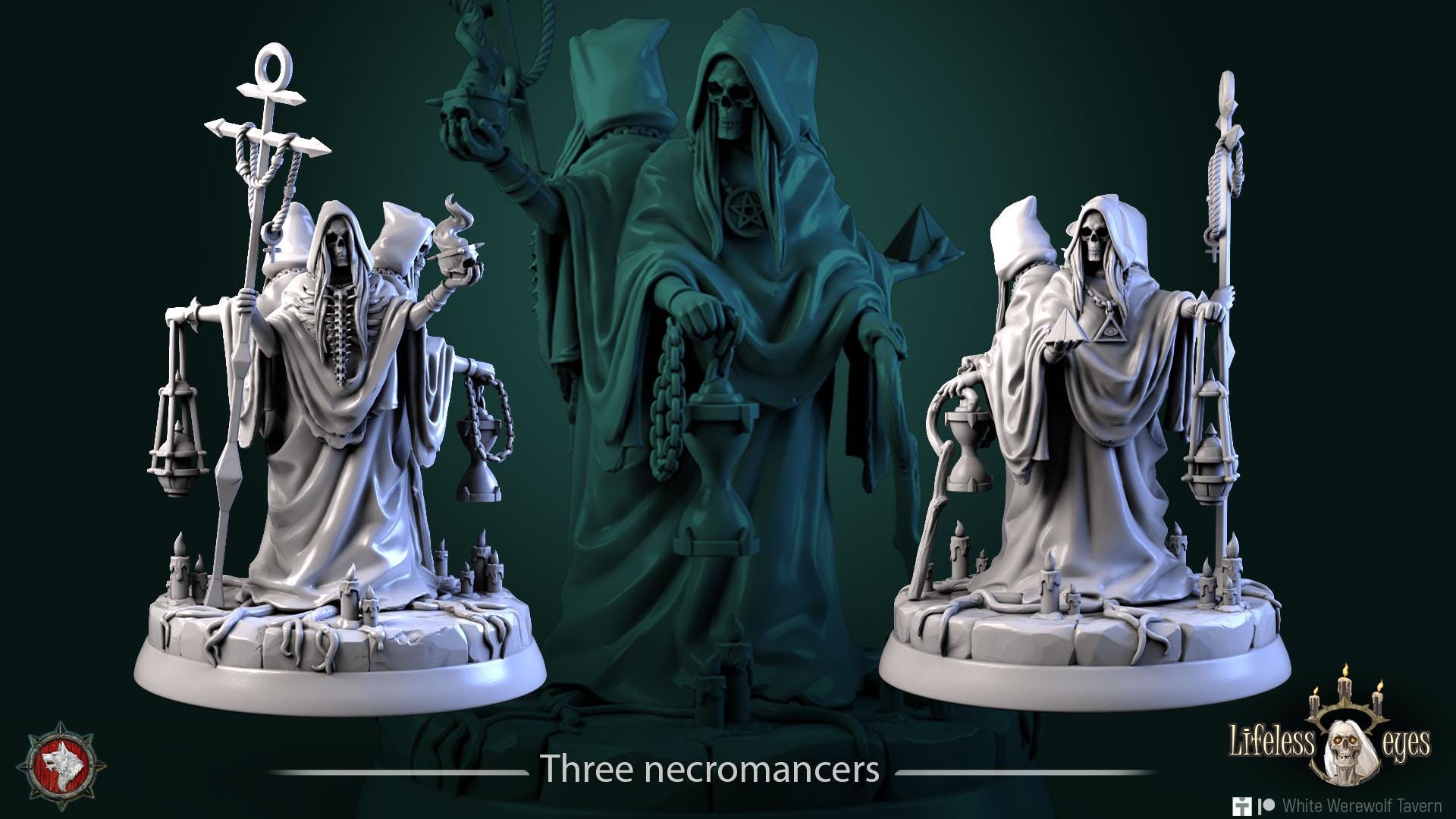 Three Necromancers | TABLETOP SCALE | TTRPG Miniature | White Werewolf Tavern | Unpainted, Unplated Resin 8k