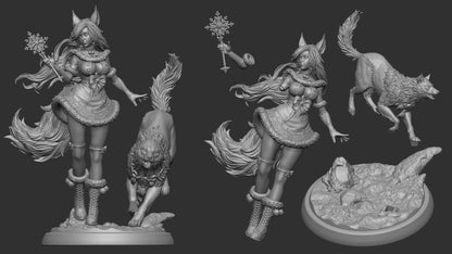 Zarya Snezhnaya, Winter Girl & Wolf | Gaming and Display Scale Miniature | White Werewolf Tavern
