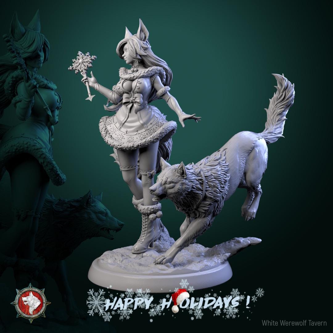 Zarya Snezhnaya, Winter Girl & Wolf | Gaming and Display Scale Miniature | White Werewolf Tavern