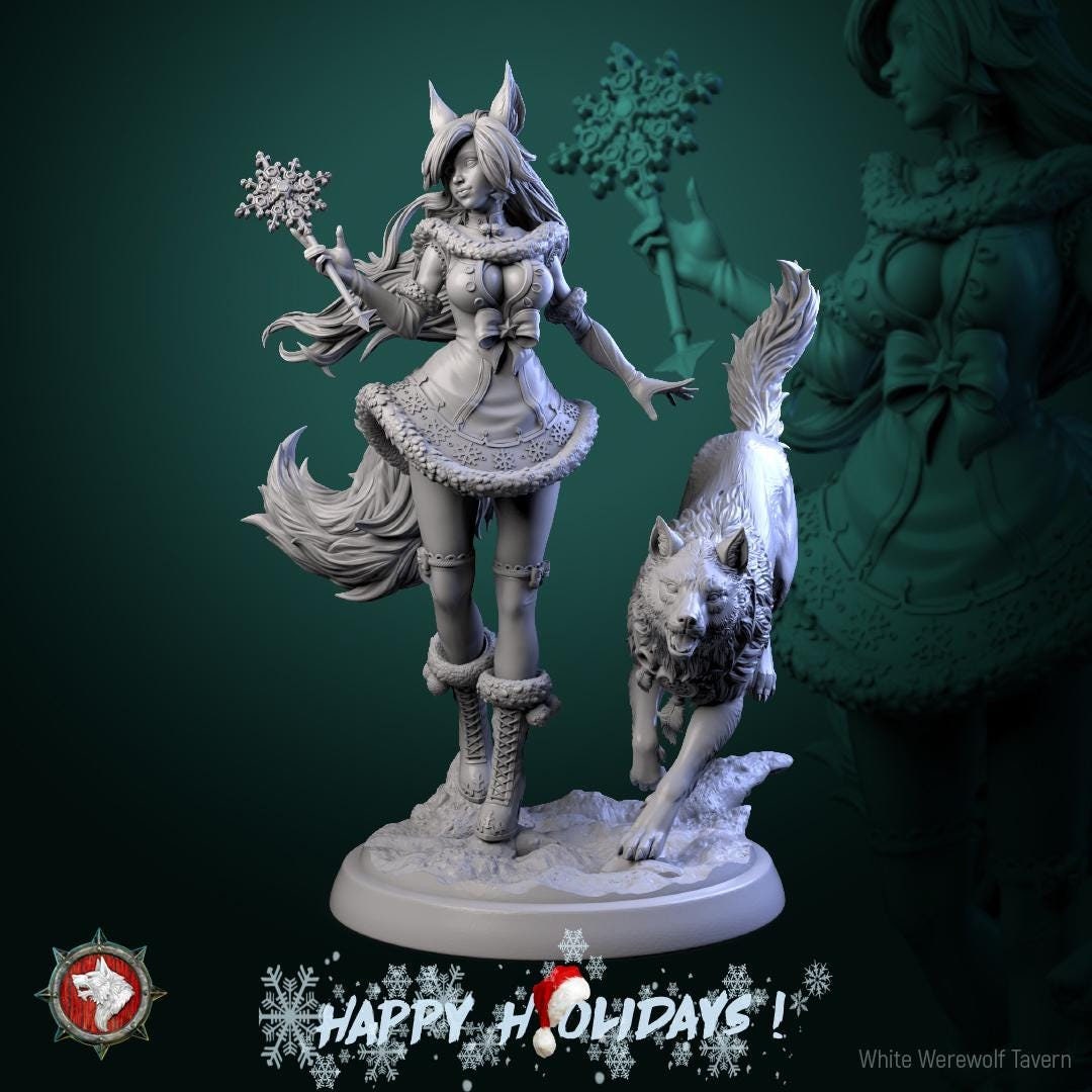 Zarya Snezhnaya, Winter Girl & Wolf | Gaming and Display Scale Miniature | White Werewolf Tavern