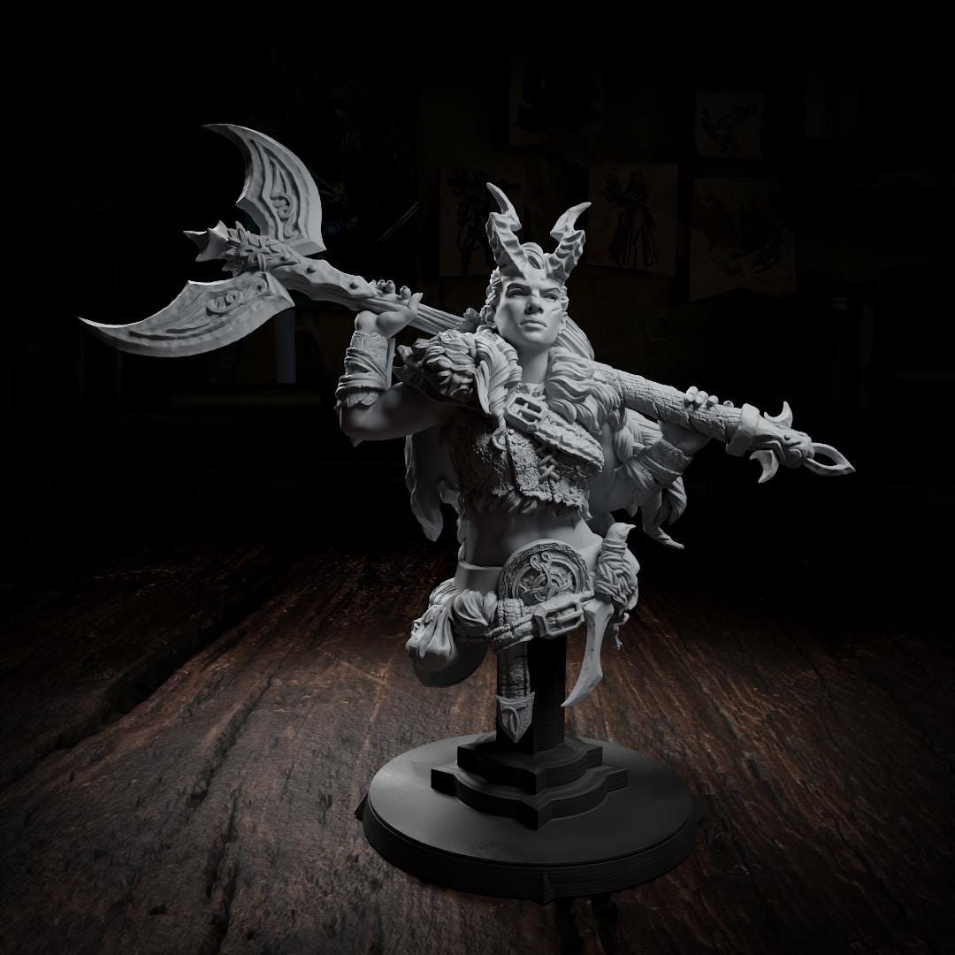 Wyetta Lavesh, Tiefling Barbarian Fighter | Tabletop, Display Scale, Bust | TTRPG D&D Miniature | Cripta Studios