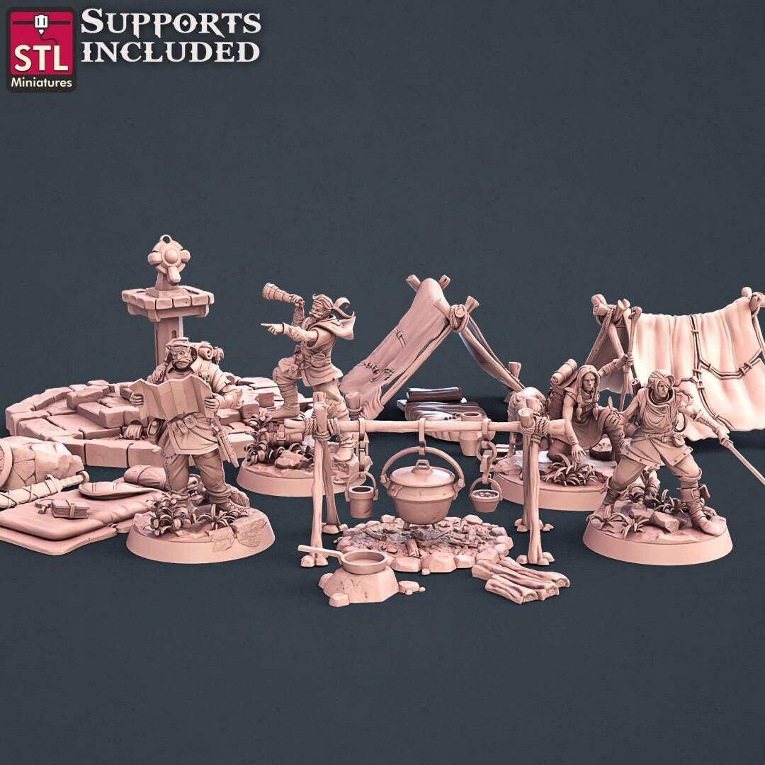 Explorer, Treasure Hunter Camp, NPC Set | Tabletop Scale | D&D TTRPG Miniature | STL Miniatures