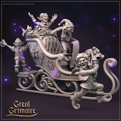 Christmas Sleigh, Reindeer, Elves, Jingle Bells | Tabletop Gaming 3D Print Miniatures Full Set | Great Grimoire