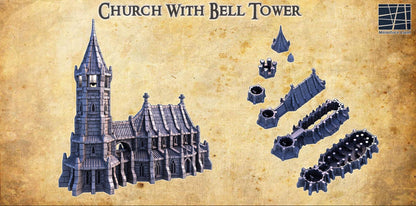 Church With Bell Tower | 28mm Scale Model Terrain | D&D TTRPG Playable 3D Printed Building | MiniatureLand