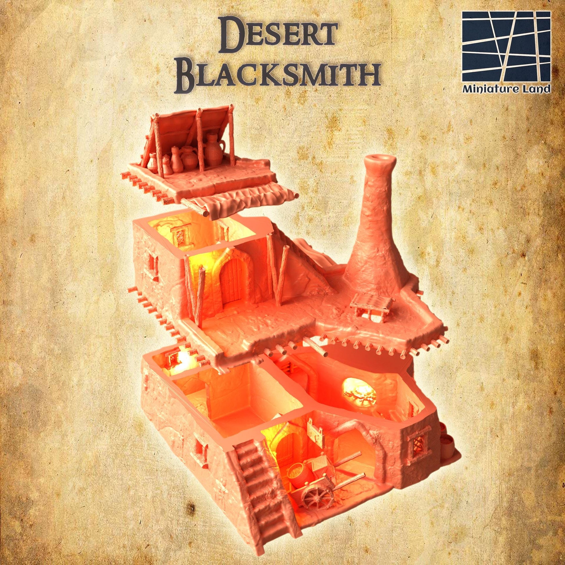 Desert Blacksmith | 28mm Scale Model Terrain | D&D TTRPG Playable 3D Printed Building | MiniatureLand
