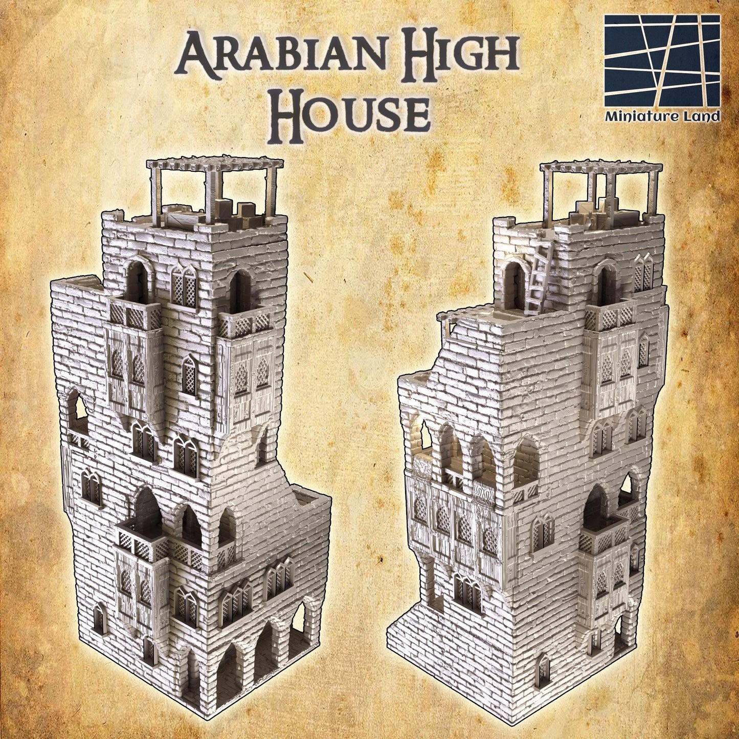 Desert High House | 28mm Scale Model Terrain | D&D TTRPG Playable 3D Printed Building | MiniatureLand