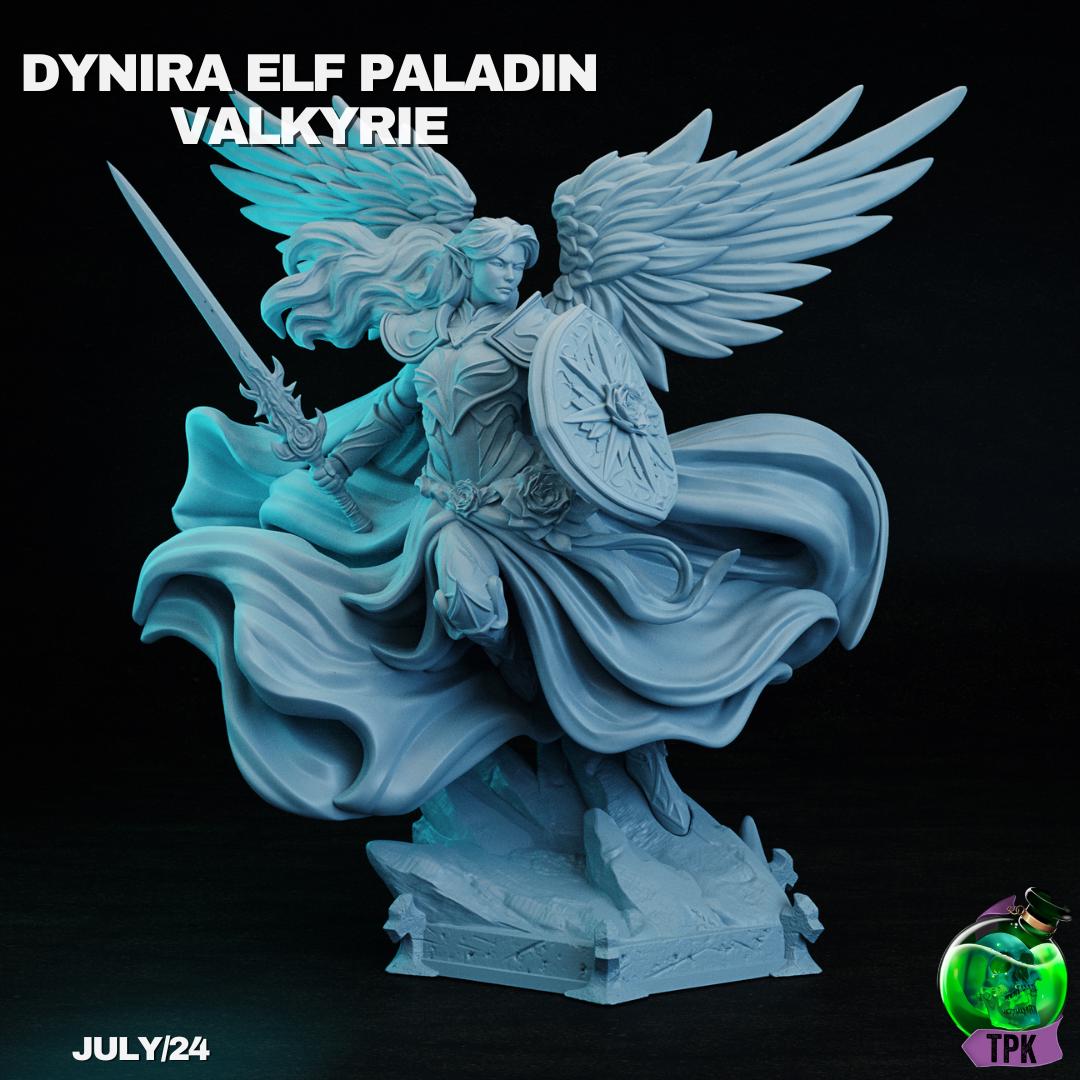 Dynira Elf Paladin Valkyrie Aasimar tabletop gaming miniature by Tattles Told 3D, detailed figure with armor and wings.