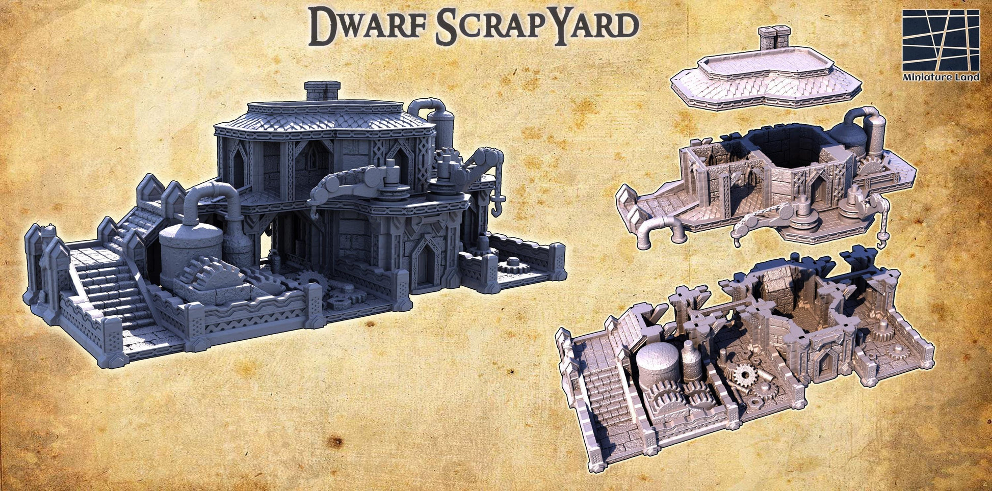 Dwarf Mechanic House Scrapyard | 28mm Scale Model Terrain | D&D TTRPG Playable 3D Printed Building | MiniatureLand