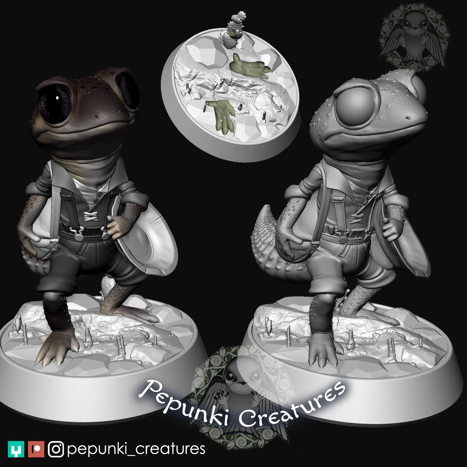 Knob Gecko Gold Panner | Tabletop or Display Scale | D&D Humblewood TTRPG Miniature | Pepunki Creatures