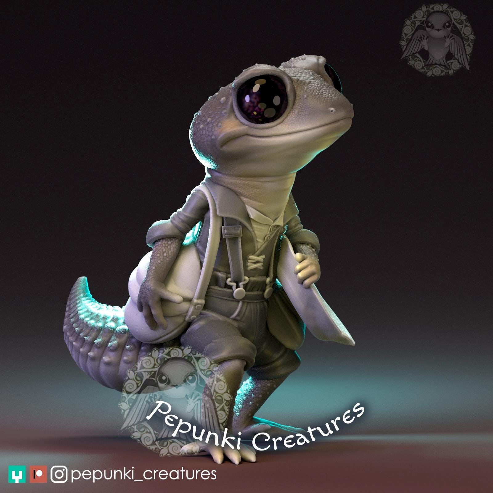 Knob Gecko Gold Panner | Tabletop or Display Scale | D&D Humblewood TTRPG Miniature | Pepunki Creatures