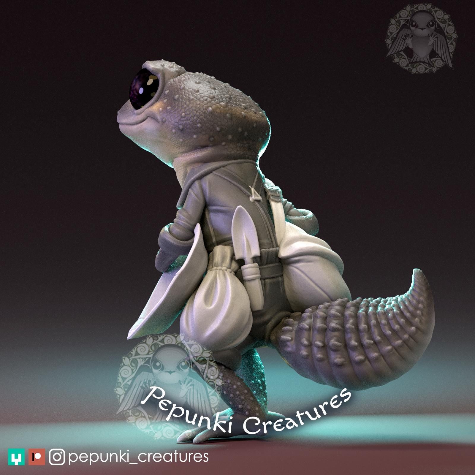 Knob Gecko Gold Panner | Tabletop or Display Scale | D&D Humblewood TTRPG Miniature | Pepunki Creatures