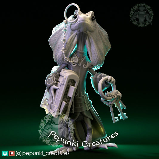 Frilled Lizard Librarian | Tabletop or Display Scale | D&D Humblewood TTRPG Miniature | Pepunki Creatures