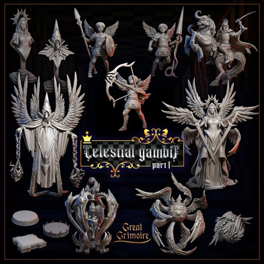 Celestial Gambit: Luminous Legion, Chess Pieces, Angel, Heaven | Tabletop Gaming 3D Print Miniatures and Display Collection | Great Grimoire