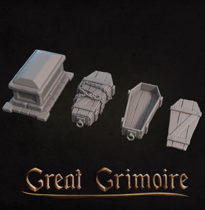 Miniature Cemetery Scatter Set by Tattles Told 3D, includes tree, tombstone, coffin, gate, and fence for tabletop gaming.