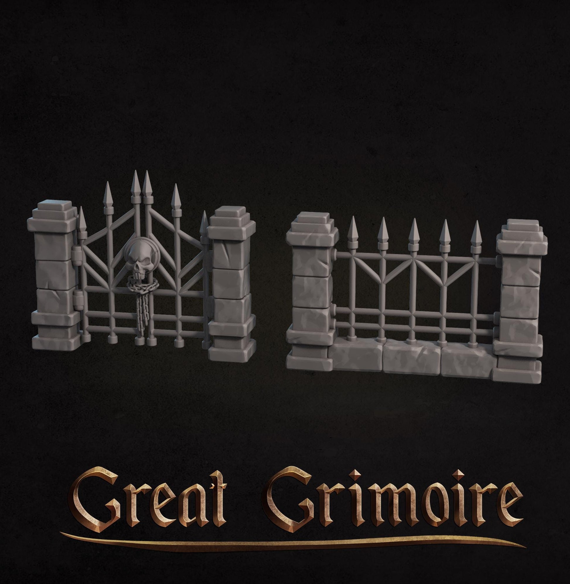 Miniature cemetery scatter set with tree, tombstone, coffin, gate, and fence for tabletop gaming by Tattles Told 3D.