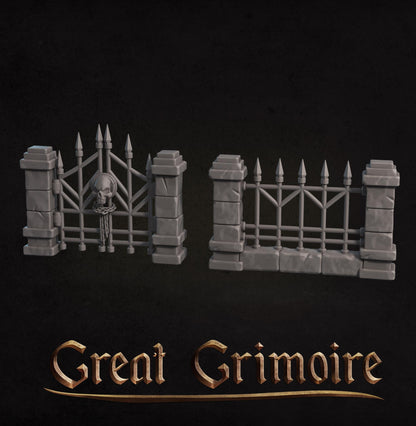 Miniature cemetery scatter set with tree, tombstone, coffin, gate, and fence for tabletop gaming by Tattles Told 3D.
