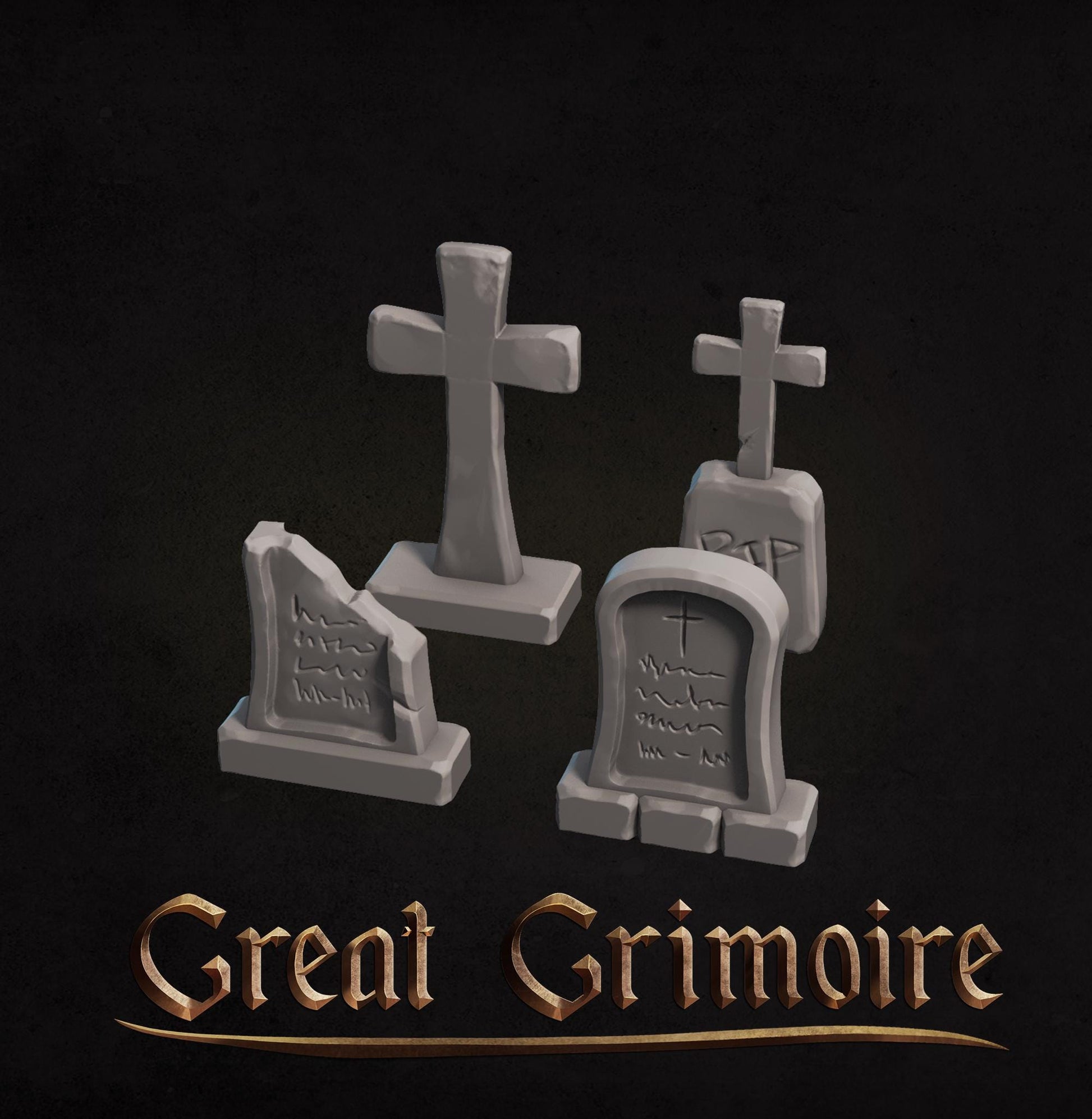 Detailed Cemetery Scatter Set miniature by Tattles Told 3D featuring tombstone, tree, coffin, gate, and fence for tabletop gaming.