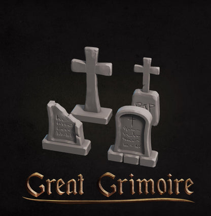 Detailed Cemetery Scatter Set miniature by Tattles Told 3D featuring tombstone, tree, coffin, gate, and fence for tabletop gaming.
