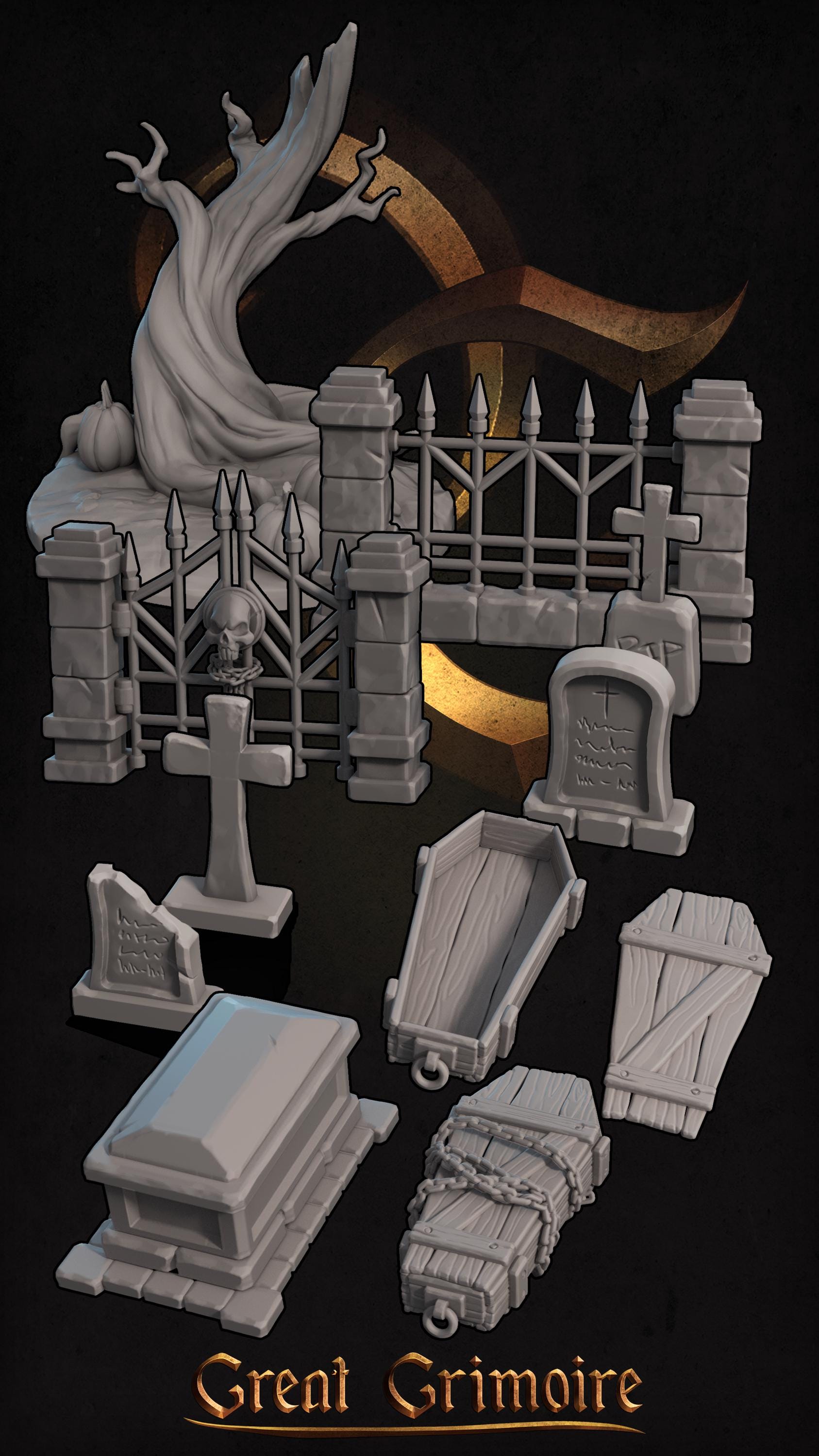 Miniature Cemetery Scatter Set featuring a tree, tombstone, coffin, gate, and fence by Tattles Told 3D for tabletop gaming.