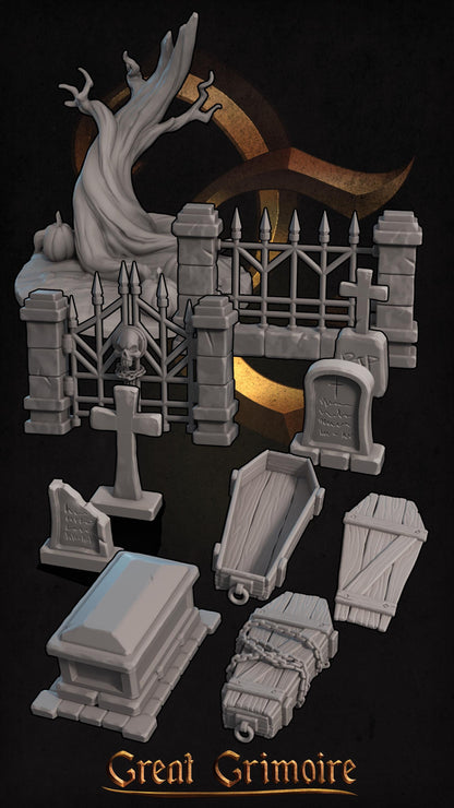 Miniature Cemetery Scatter Set featuring a tree, tombstone, coffin, gate, and fence by Tattles Told 3D for tabletop gaming.