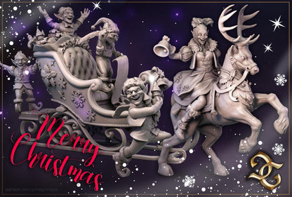 Christmas Sleigh, Reindeer, Elves, Jingle Bells | Tabletop Gaming 3D Print Miniatures Full Set | Great Grimoire