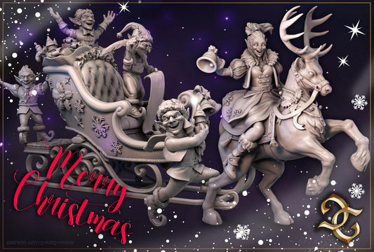 Christmas Sleigh, Reindeer, Elves, Jingle Bells | Tabletop Gaming 3D Print Miniatures Full Set | Great Grimoire