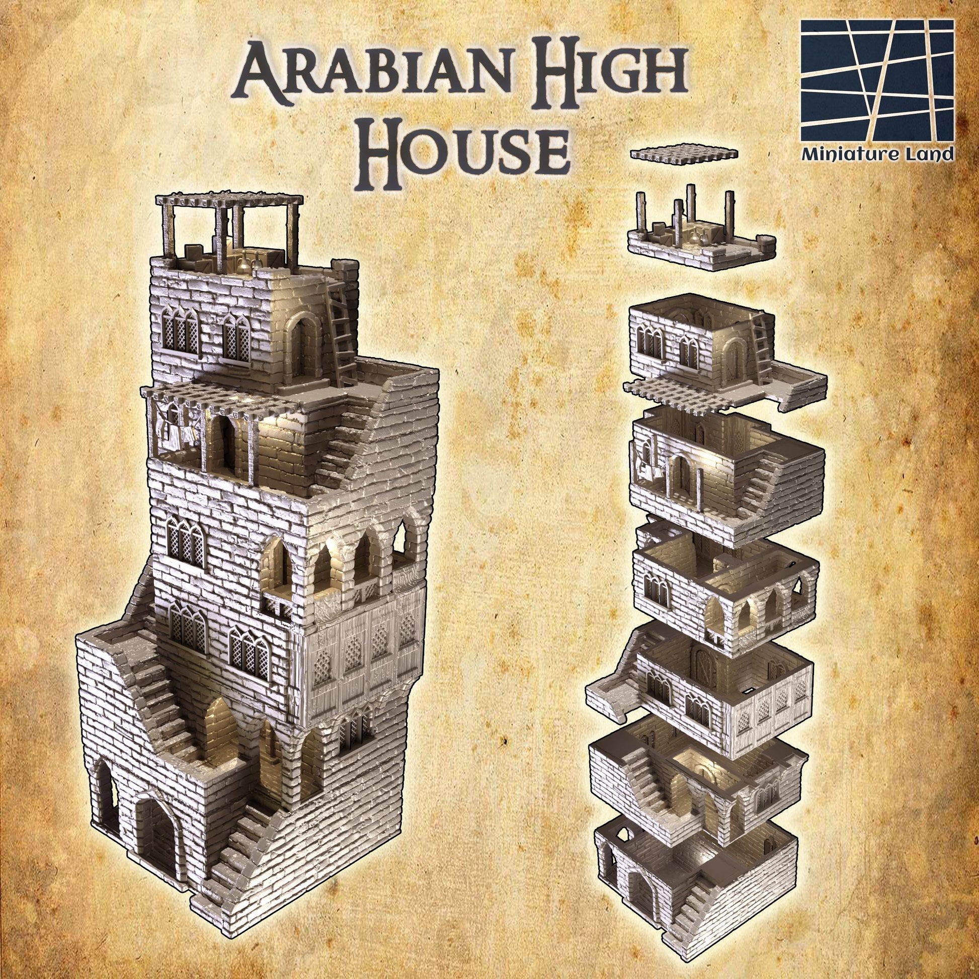 Desert High House | 28mm Scale Model Terrain | D&D TTRPG Playable 3D Printed Building | MiniatureLand