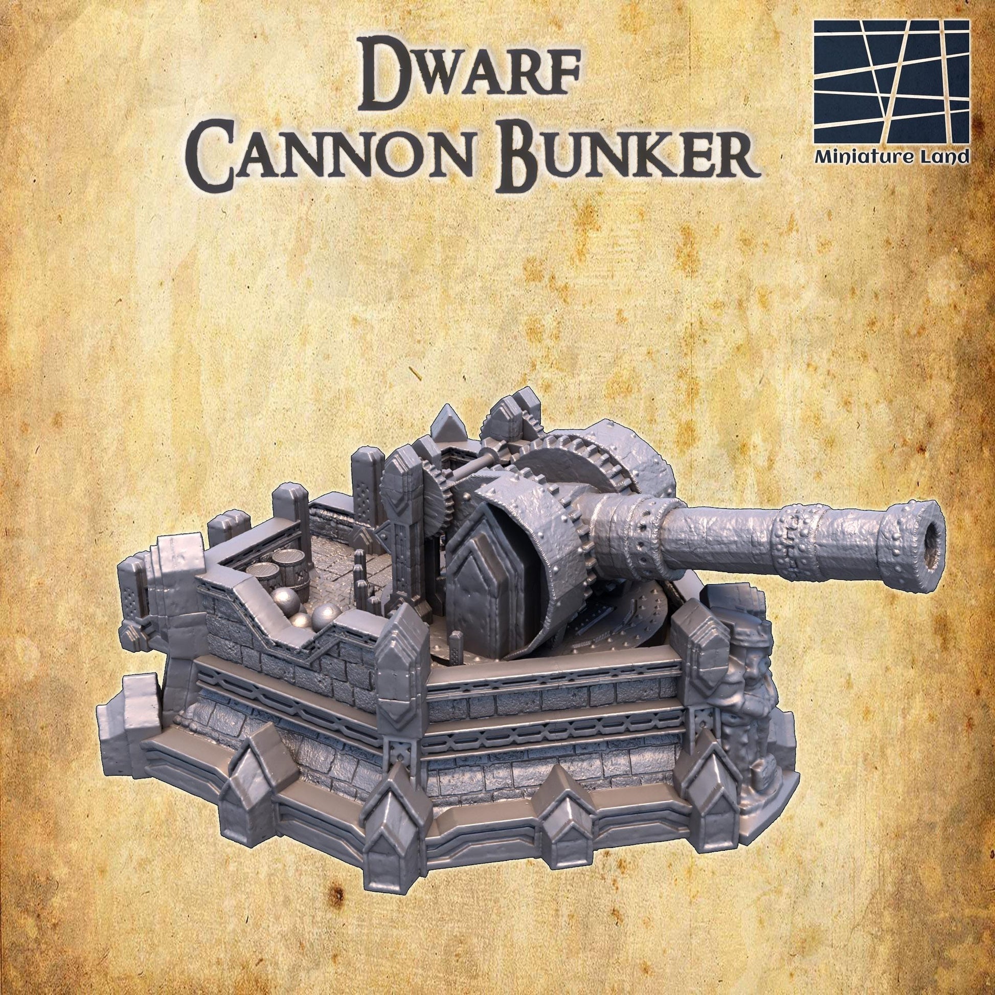 Dwarf Cannon Bunker | 28mm Scale Model Terrain | D&D TTRPG Playable 3D Printed Building | MiniatureLand
