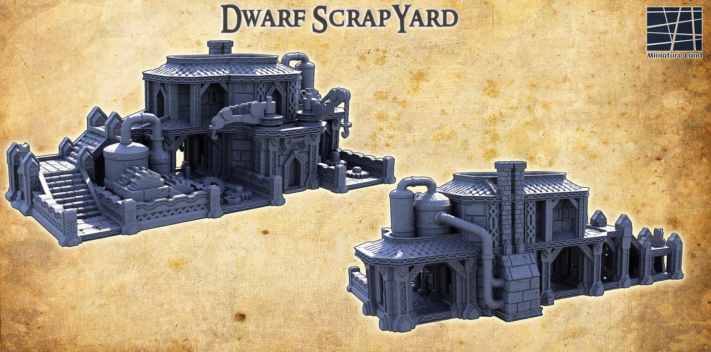 Dwarf Mechanic House Scrapyard | 28mm Scale Model Terrain | D&D TTRPG Playable 3D Printed Building | MiniatureLand