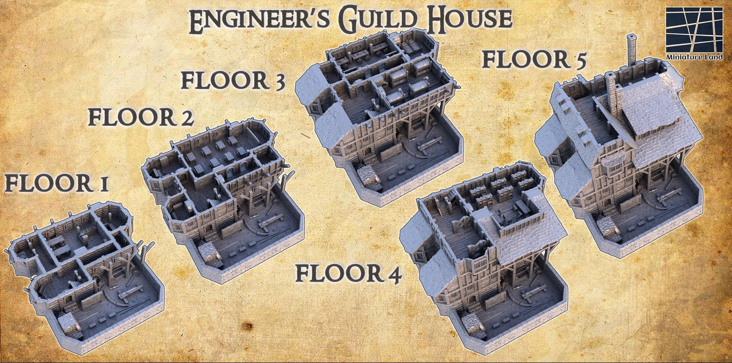 Engineer Guild House | 28mm Scale Model Terrain | D&D TTRPG Playable 3D Printed Building | MiniatureLand