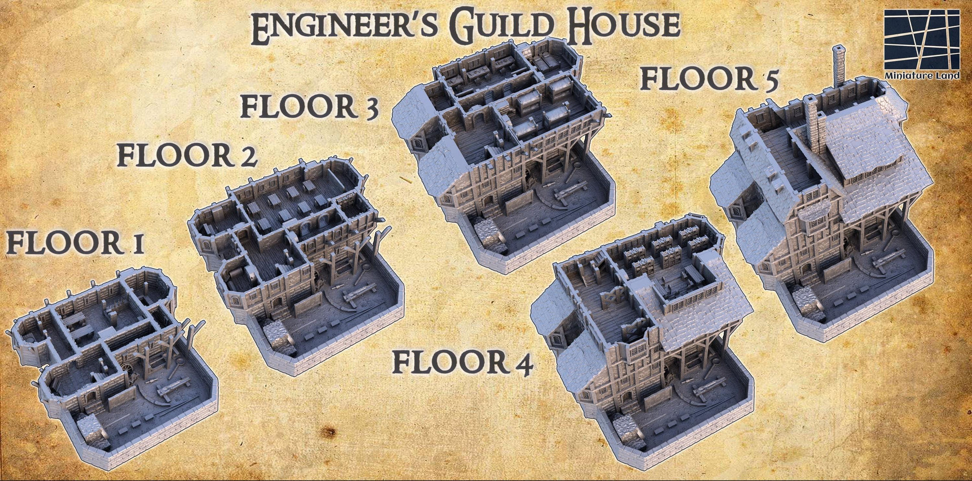 Engineer Guild House | 28mm Scale Model Terrain | D&D TTRPG Playable 3D Printed Building | MiniatureLand