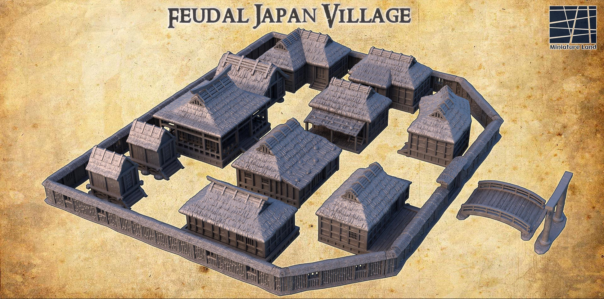 Feudal Japan Village | 28mm Scale Model Terrain | D&D TTRPG Playable 3D Printed Building | MiniatureLand