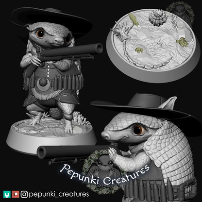 Armadillo Gunslinger Rifleman | Tabletop or Display Scale | D&D Humblewood TTRPG Miniature | Pepunki Creatures