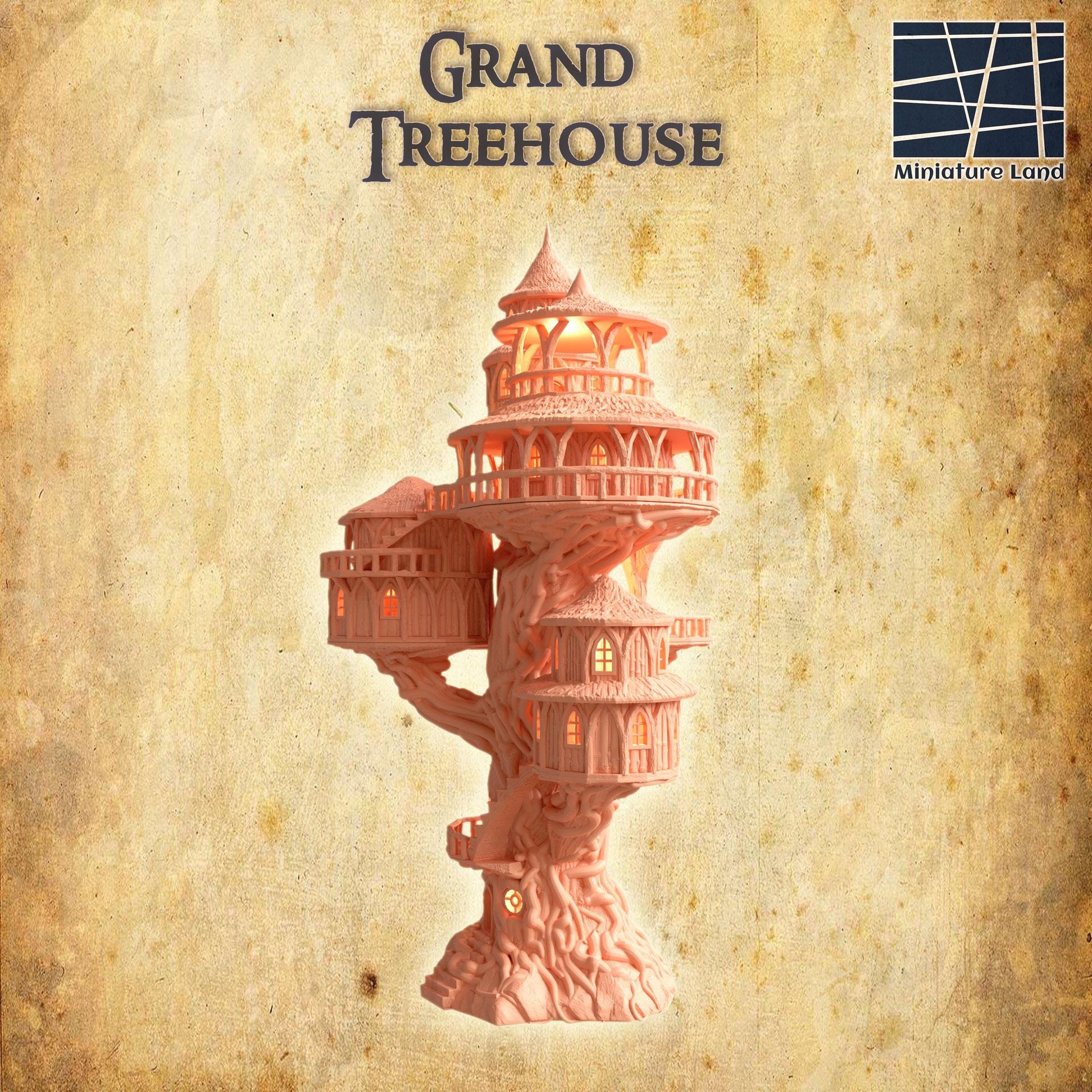 Grand Treehouse | 28mm Scale Model Terrain | D&D TTRPG Playable 3D Printed Building | MiniatureLand