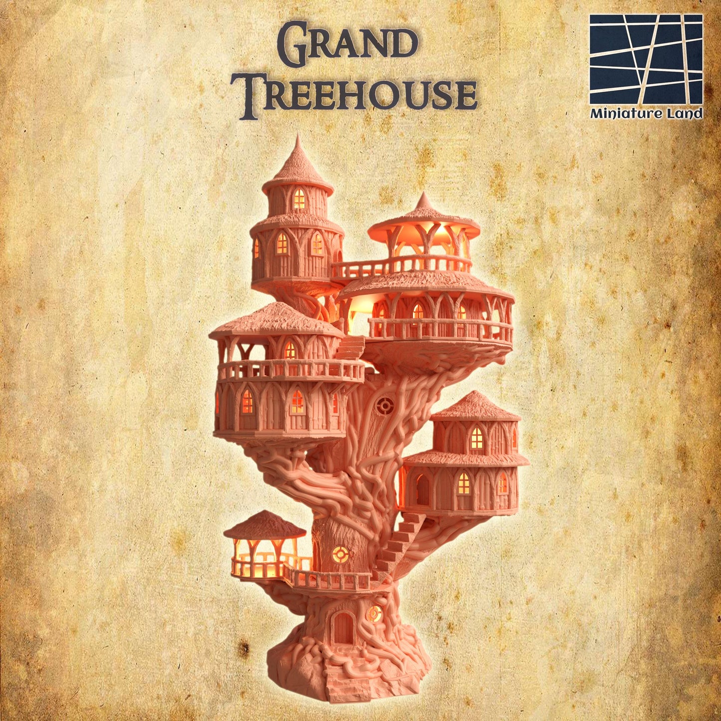 Grand Treehouse | 28mm Scale Model Terrain | D&D TTRPG Playable 3D Printed Building | MiniatureLand