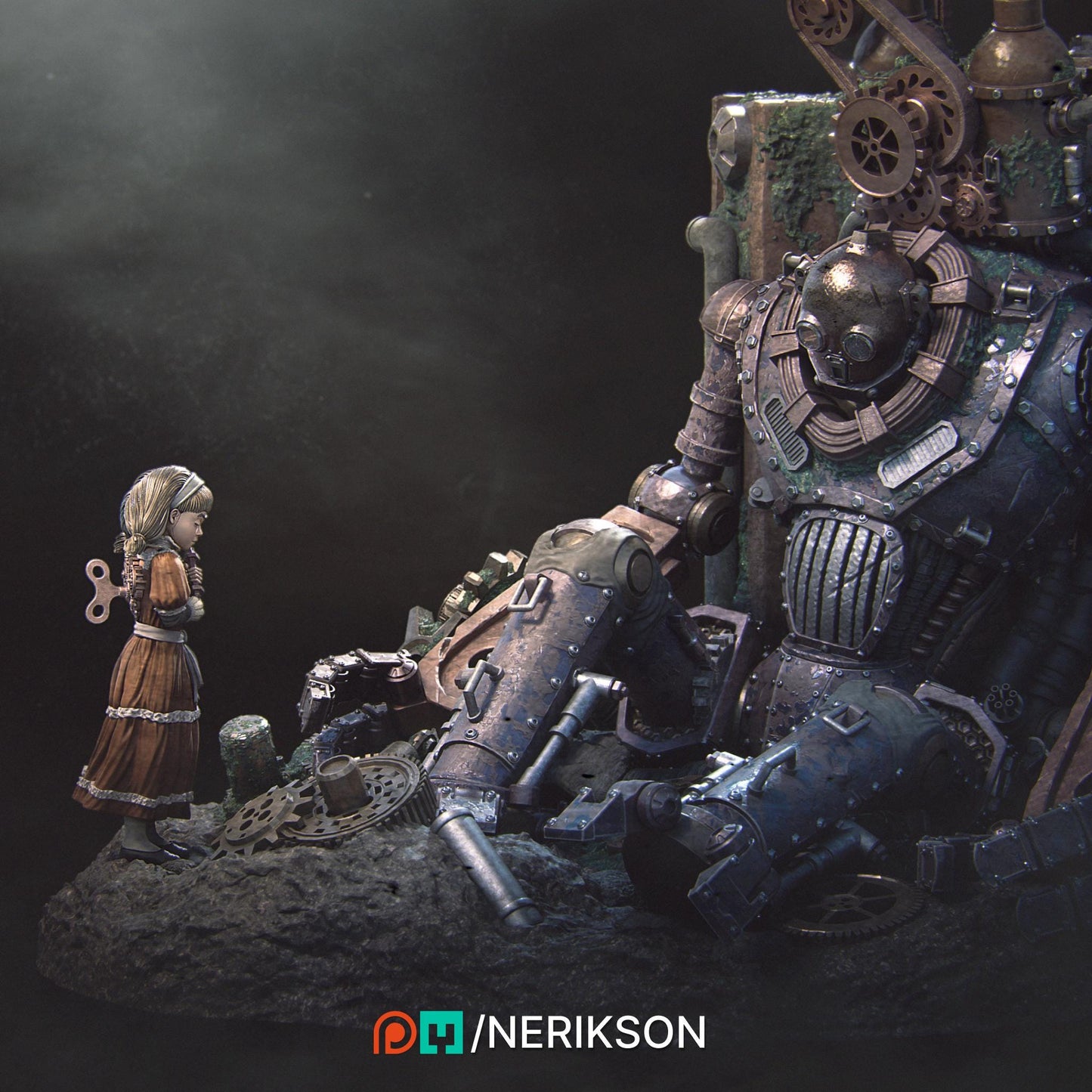 Abandoned Robot Diorama | Garage Resin Kit Statue | D&D TTRPG Fantasy Miniature | Nerikson