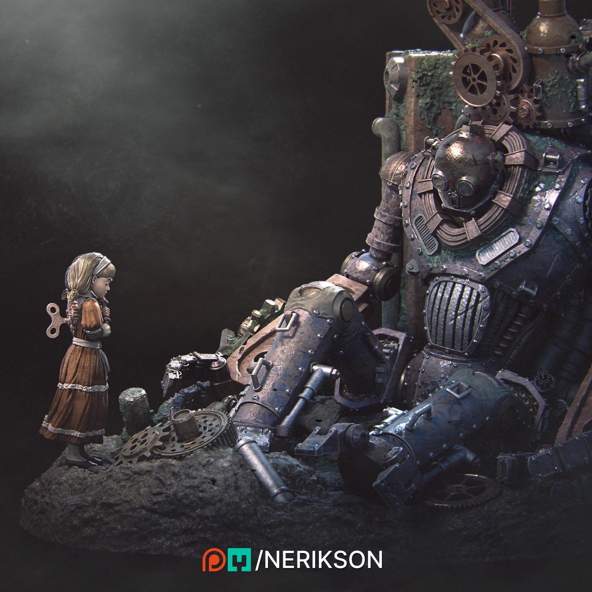 Abandoned Robot Diorama | Garage Resin Kit Statue | D&D TTRPG Fantasy Miniature | Nerikson