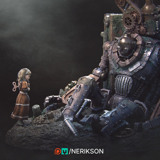 Abandoned Robot Diorama | Garage Resin Kit Statue | D&D TTRPG Fantasy Miniature | Nerikson