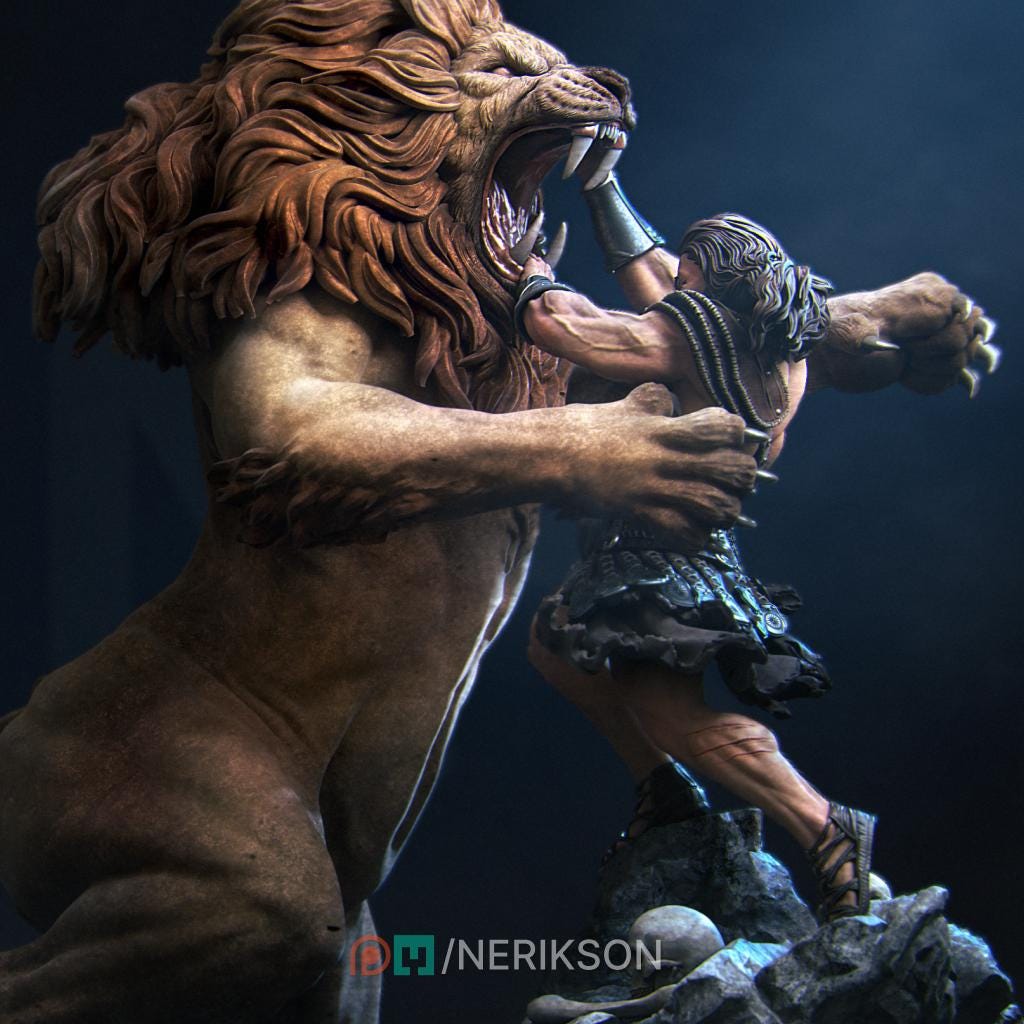 Heracles and Nemean Lion, Greek Mythology | Garage Resin Kit Statue | D&D TTRPG Fantasy Miniature | Nerikson