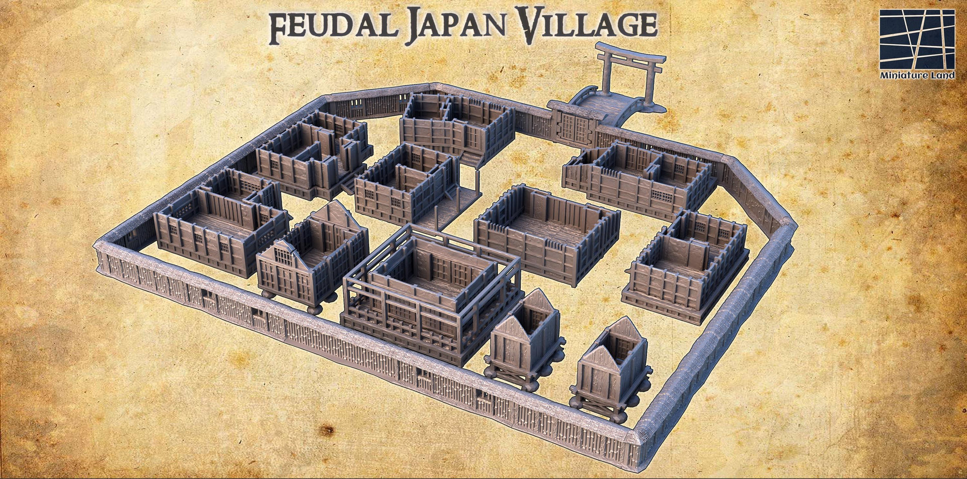 Feudal Japan Village | 28mm Scale Model Terrain | D&D TTRPG Playable 3D Printed Building | MiniatureLand