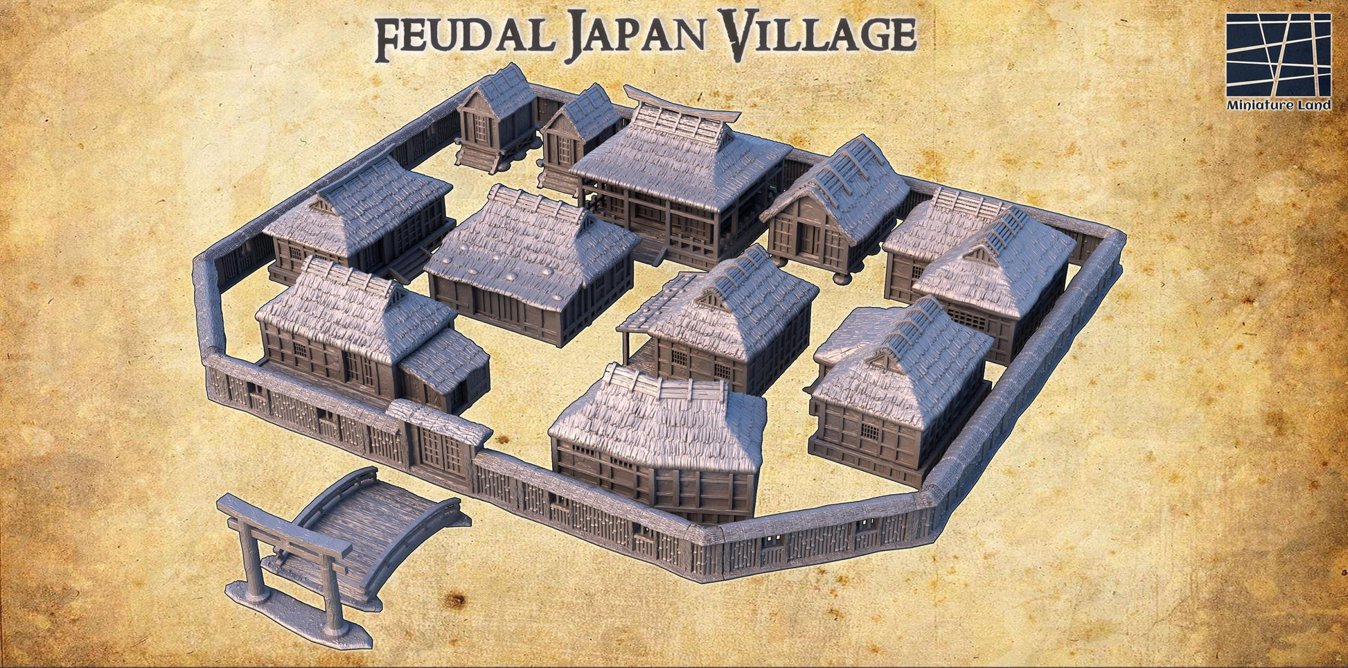 Feudal Japan Village | 28mm Scale Model Terrain | D&D TTRPG Playable 3D Printed Building | MiniatureLand