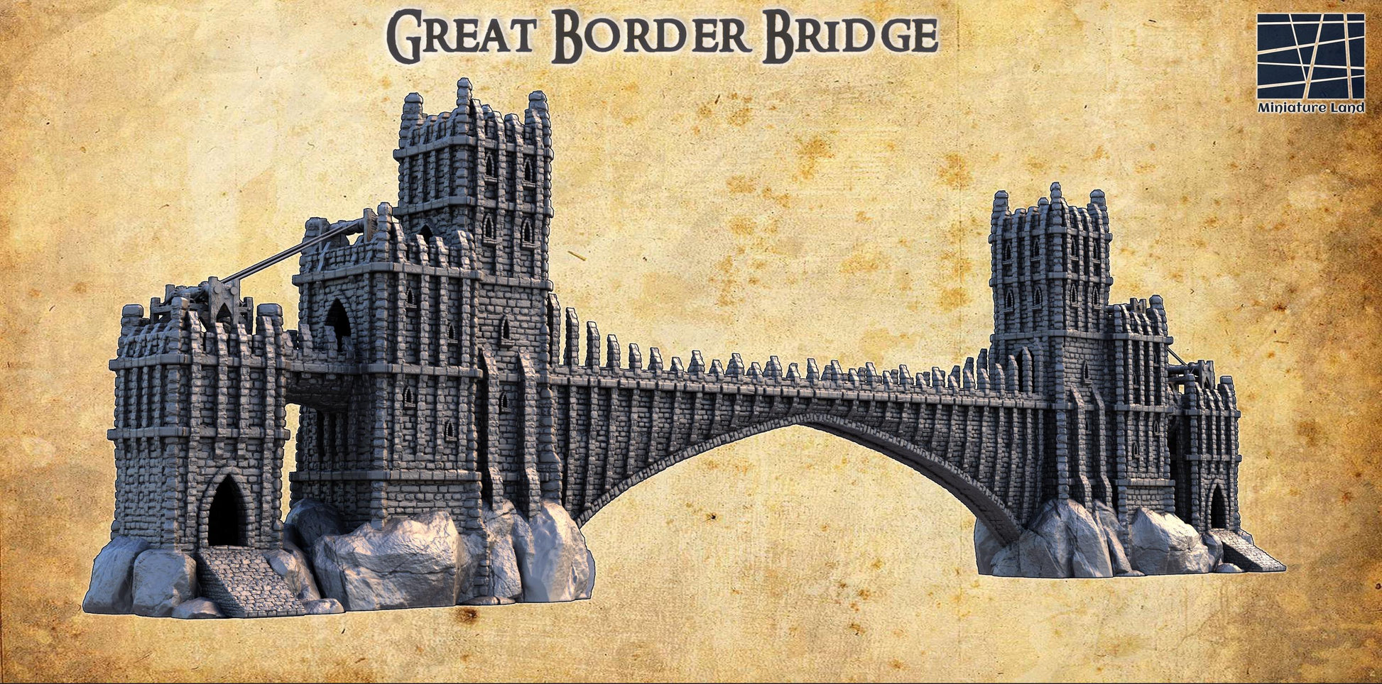 Grand Border Bridge | 28mm Scale Model Terrain | D&D TTRPG Playable 3D Printed Building | MiniatureLand