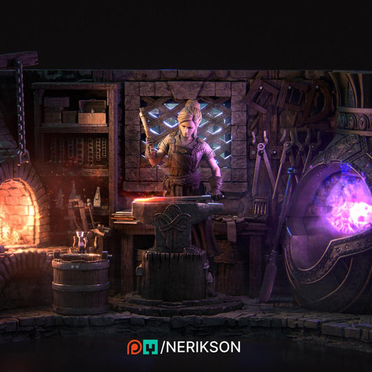 Lara the Blacksmith, Full Diorama | Garage Resin Kit Statue | D&D TTRPG Fantasy Miniature | Nerikson