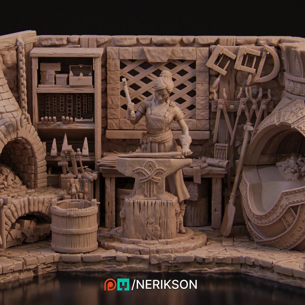 Lara the Blacksmith, Full Diorama | Garage Resin Kit Statue | D&D TTRPG Fantasy Miniature | Nerikson