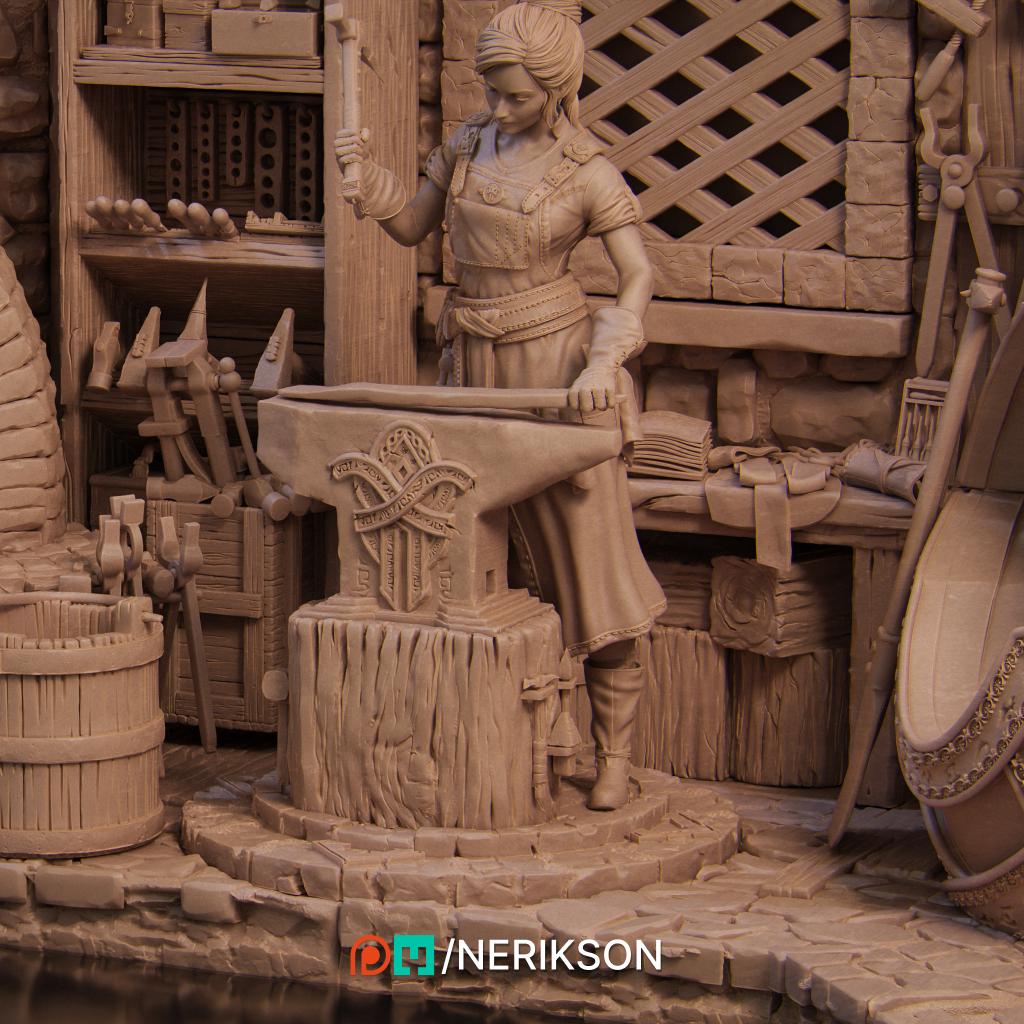 Lara the Blacksmith, Full Diorama | Garage Resin Kit Statue | D&D TTRPG Fantasy Miniature | Nerikson